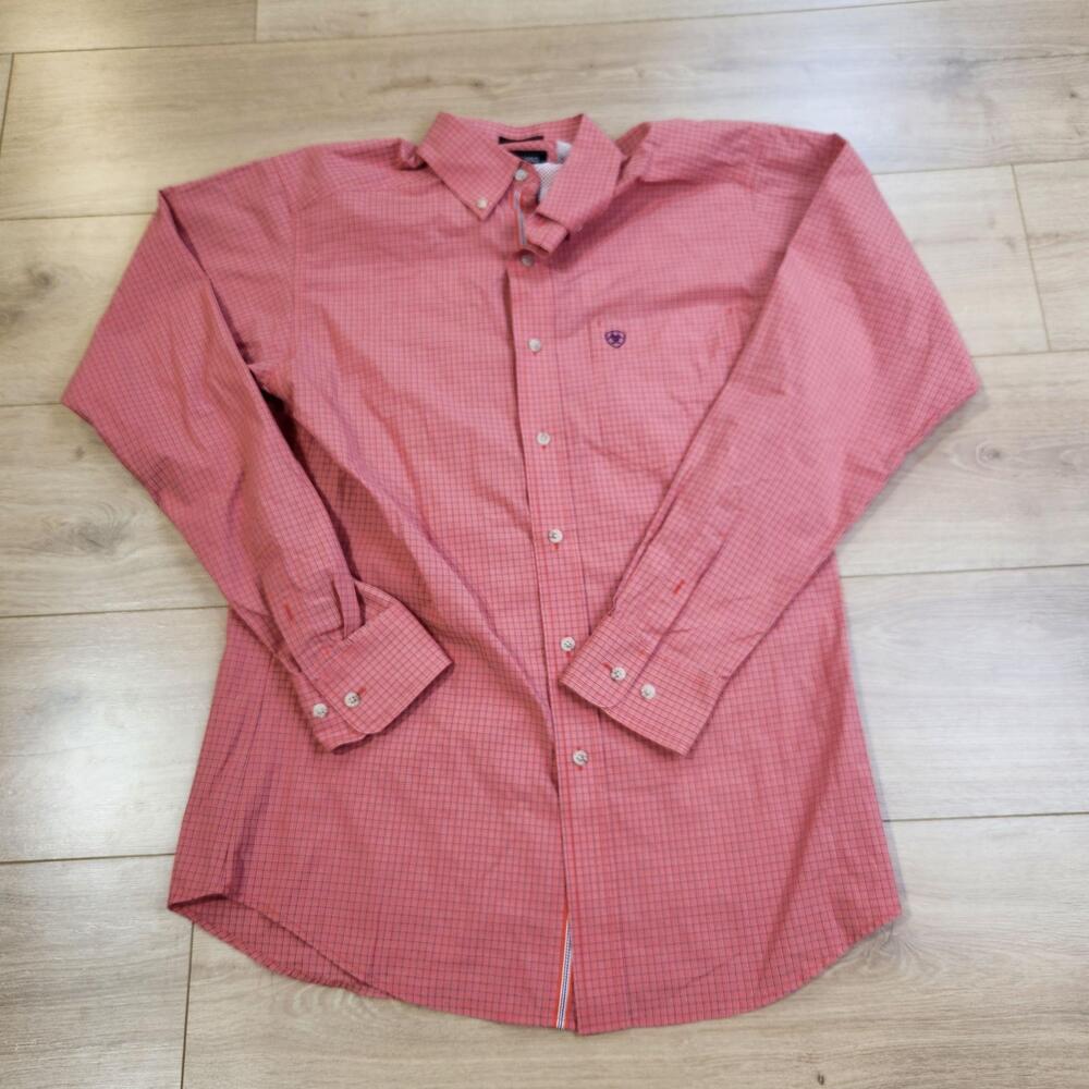 Ariat Pro Series Shirt Mens Medium Pink Check Long Sleeve Fitted Button Up